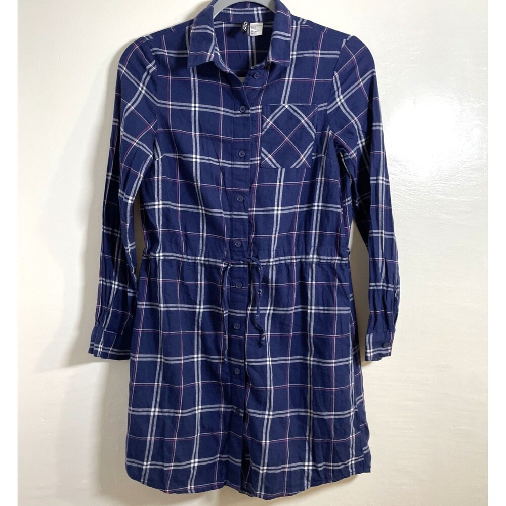 H&M Divided Women's Plaid Shirt Dress Size 2 Long Sleeves 100% Cotton Navy Blue